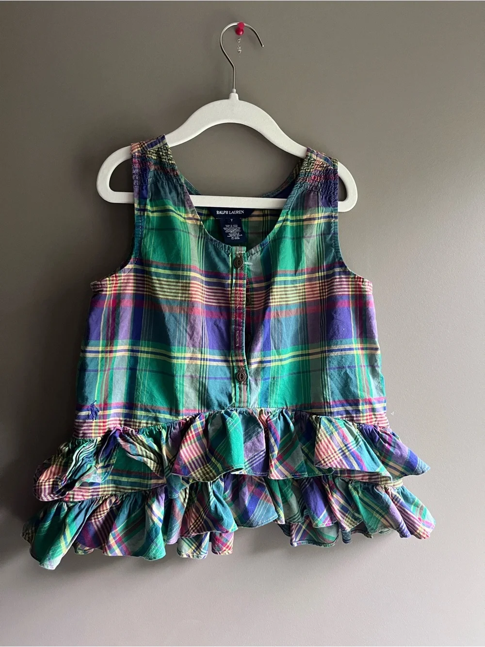 Ralph Lauren Green Plaid Ruffle Tank Top - Girls 7 small